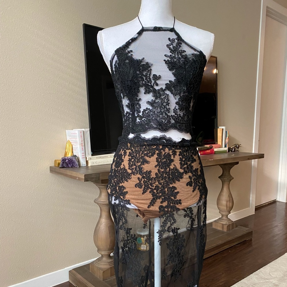 Black Sheer Mesh Lace Sleeveless Halter Bodycon Organza Two Piece Midi Skirt Set